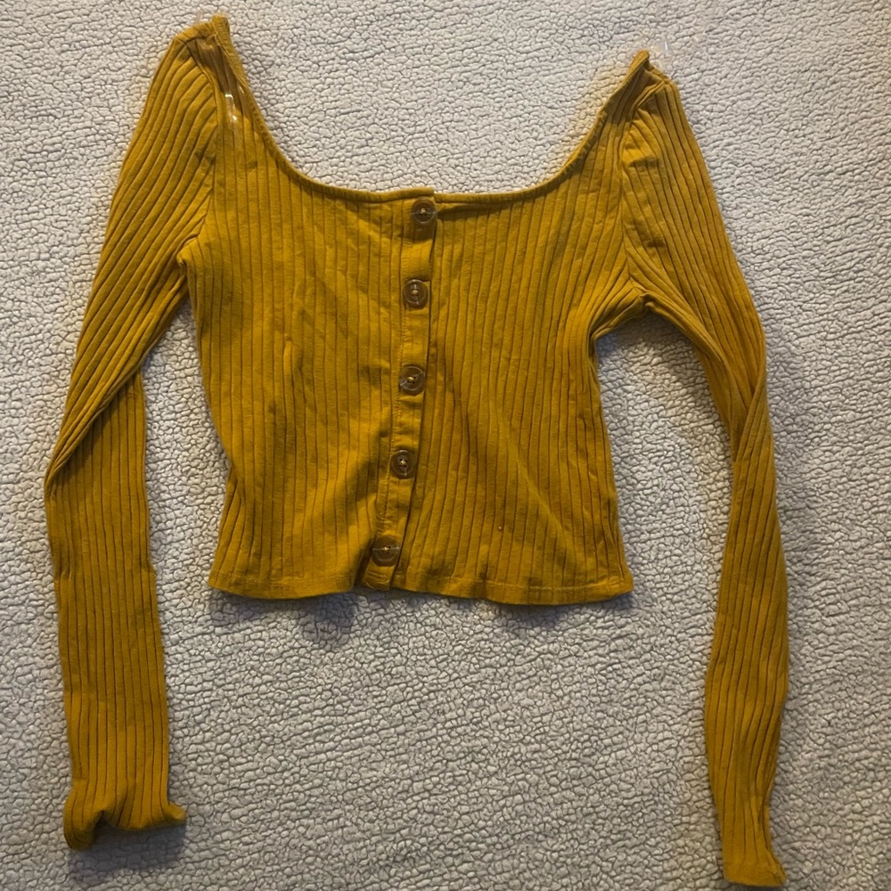 Mustard Ribbed Button-Up Women's Top - Picture 2 of 3